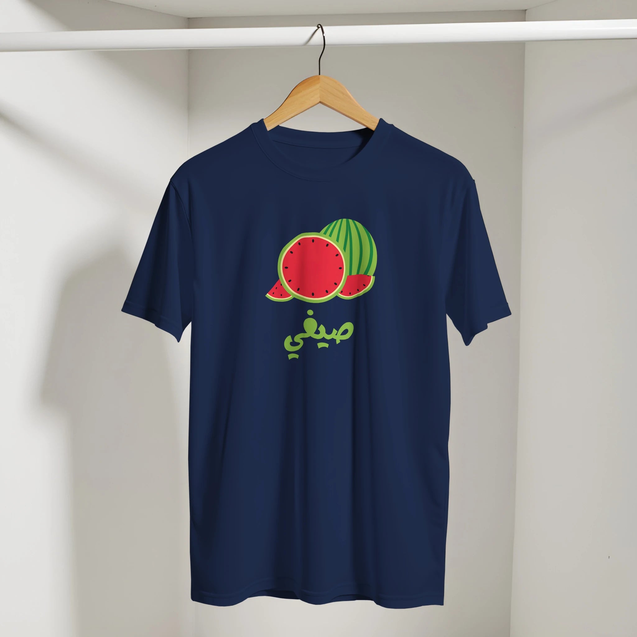 Watermelon Summer Vibes Arabic Tee in Navy, Arabic graphic design by Cairo NYC