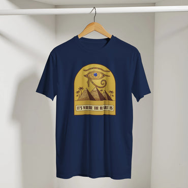 Eye of Horus Egypt Pyramids Sunset Arabic Tee in Navy, Arabic graphic design by Cairo NYC
