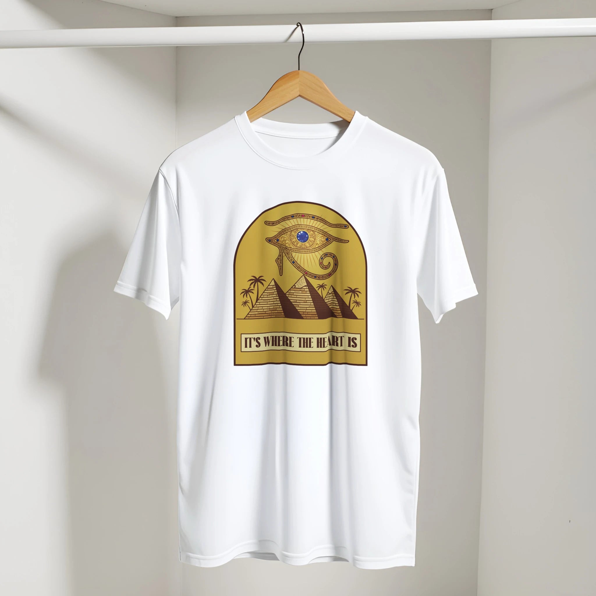 Eye of Horus Egypt Pyramids Sunset Arabic Tee in White, Arabic graphic design by Cairo NYC