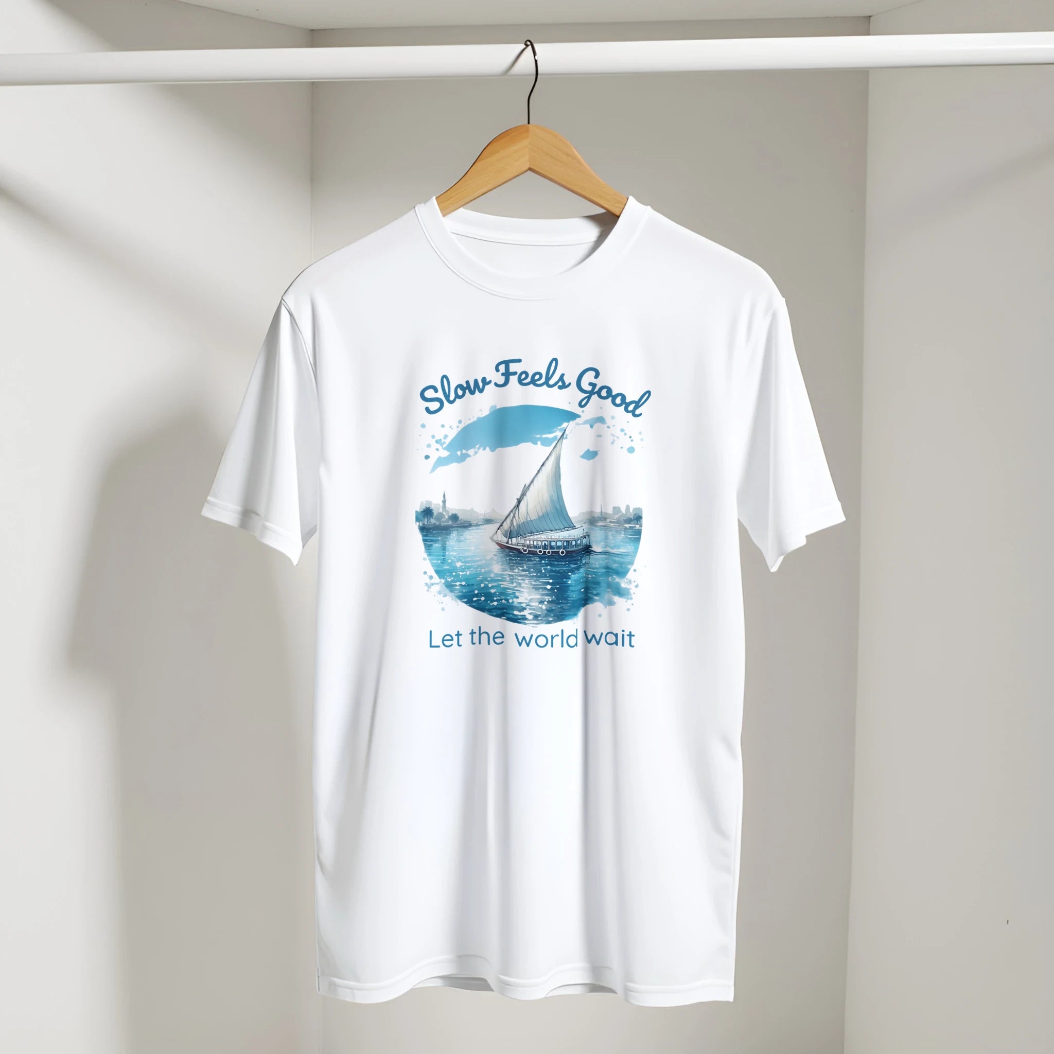 Slow Feels Good Mindfulness Tee in White, Arabic graphic design by Cairo NYC