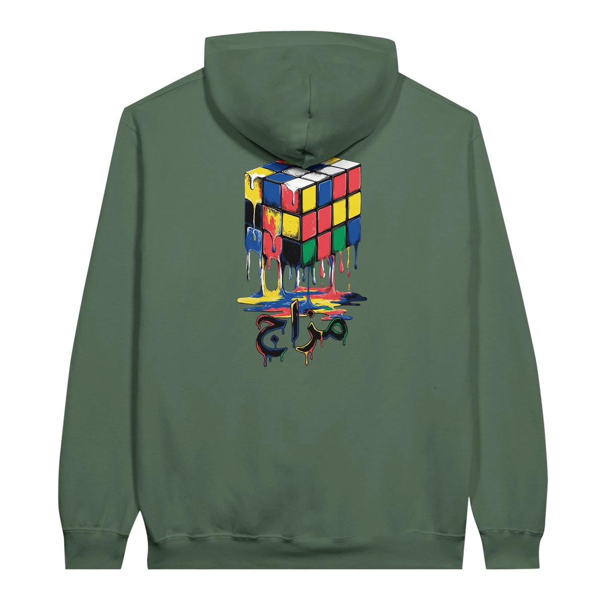 Melting Rubik's Cube Art Hoodie in Military Green, Arabic graphic design by Cairo NYC