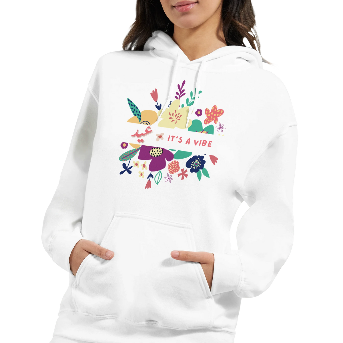 It's a Vibe Floral Arabic Hoodie in White, Arabic graphic design by Cairo NYC