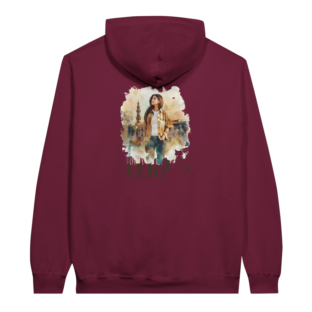 Modern Cairo Urban Mystique Hoodie in Watercolor Hues in Maroon, Arabic graphic design by Cairo NYC
