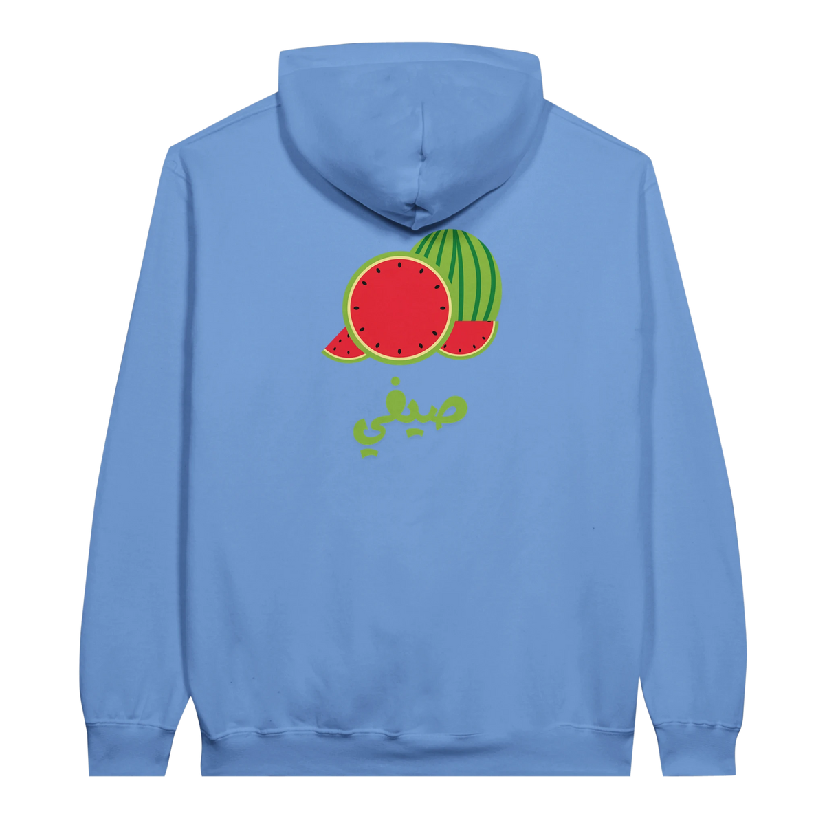 Vibrant Watermelon Summer Arabic Script Hoodie in Carolina Blue, Arabic graphic design by Cairo NYC
