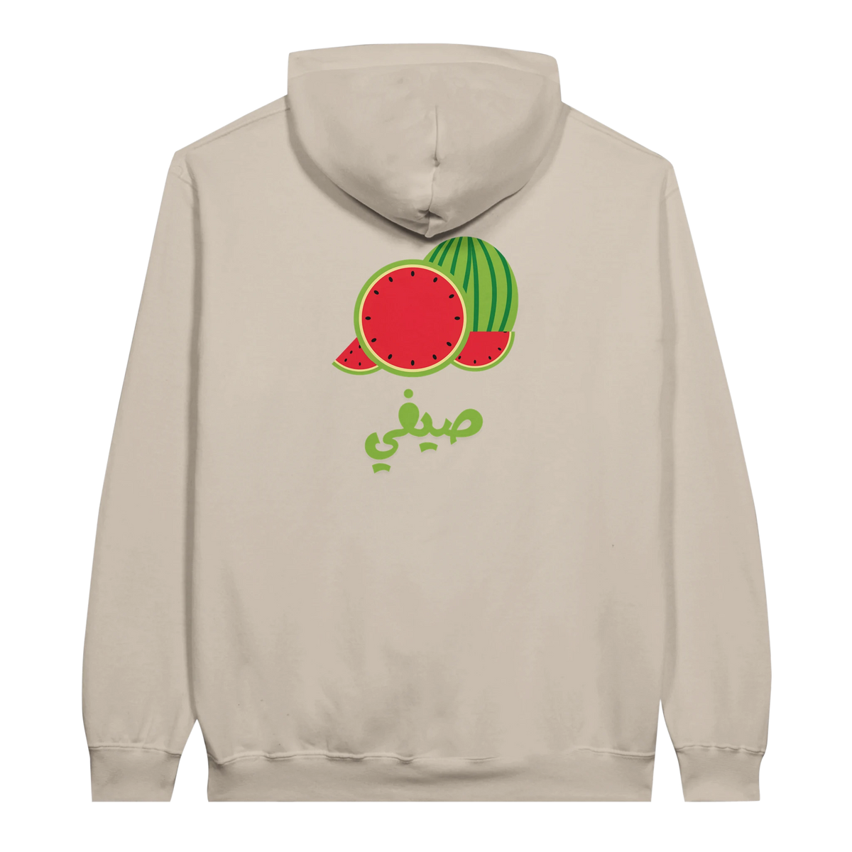 Vibrant Watermelon Summer Arabic Script Hoodie in Sand, Arabic graphic design by Cairo NYC