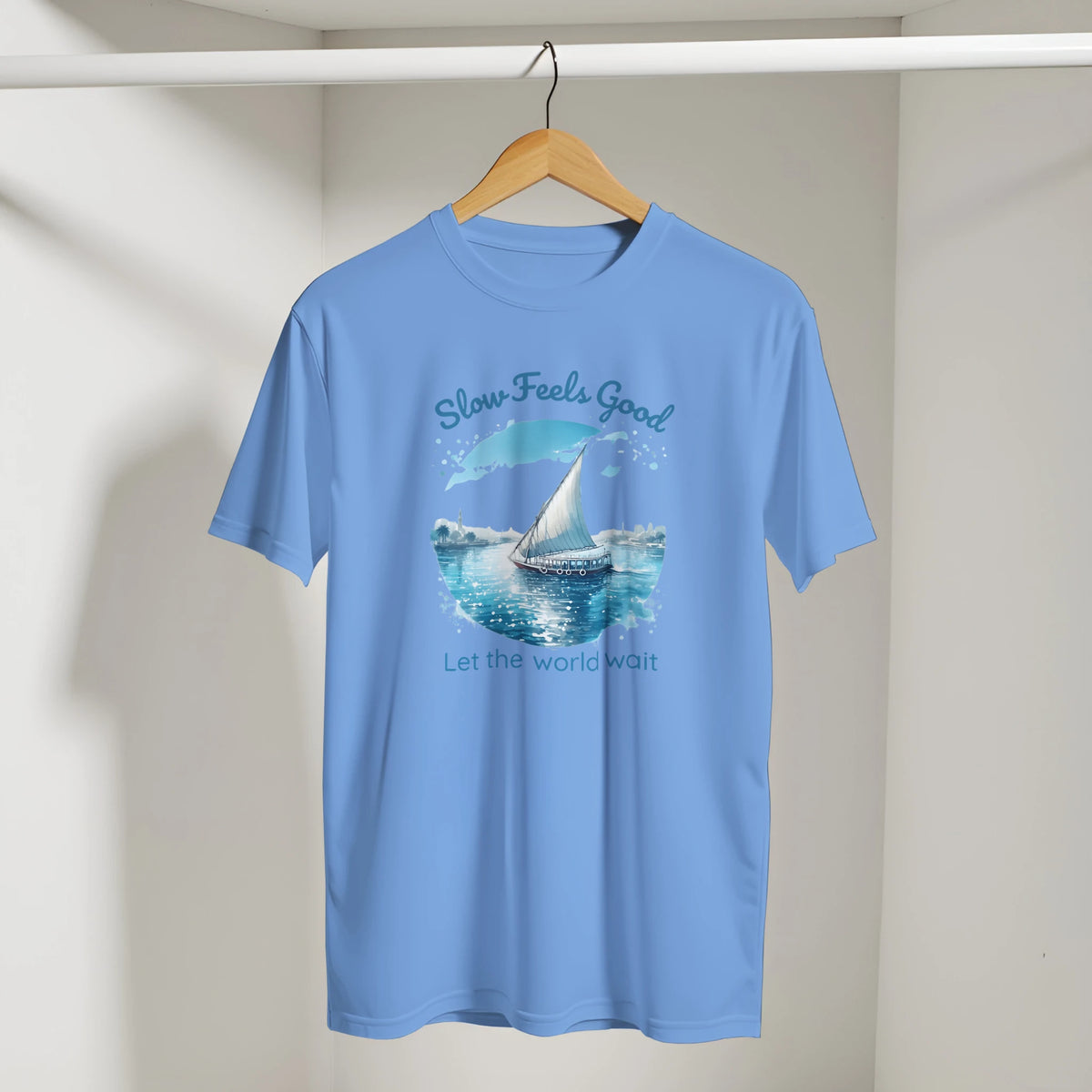 Slow Feels Good Mindfulness Tee in Carolina Blue, Arabic graphic design by Cairo NYC