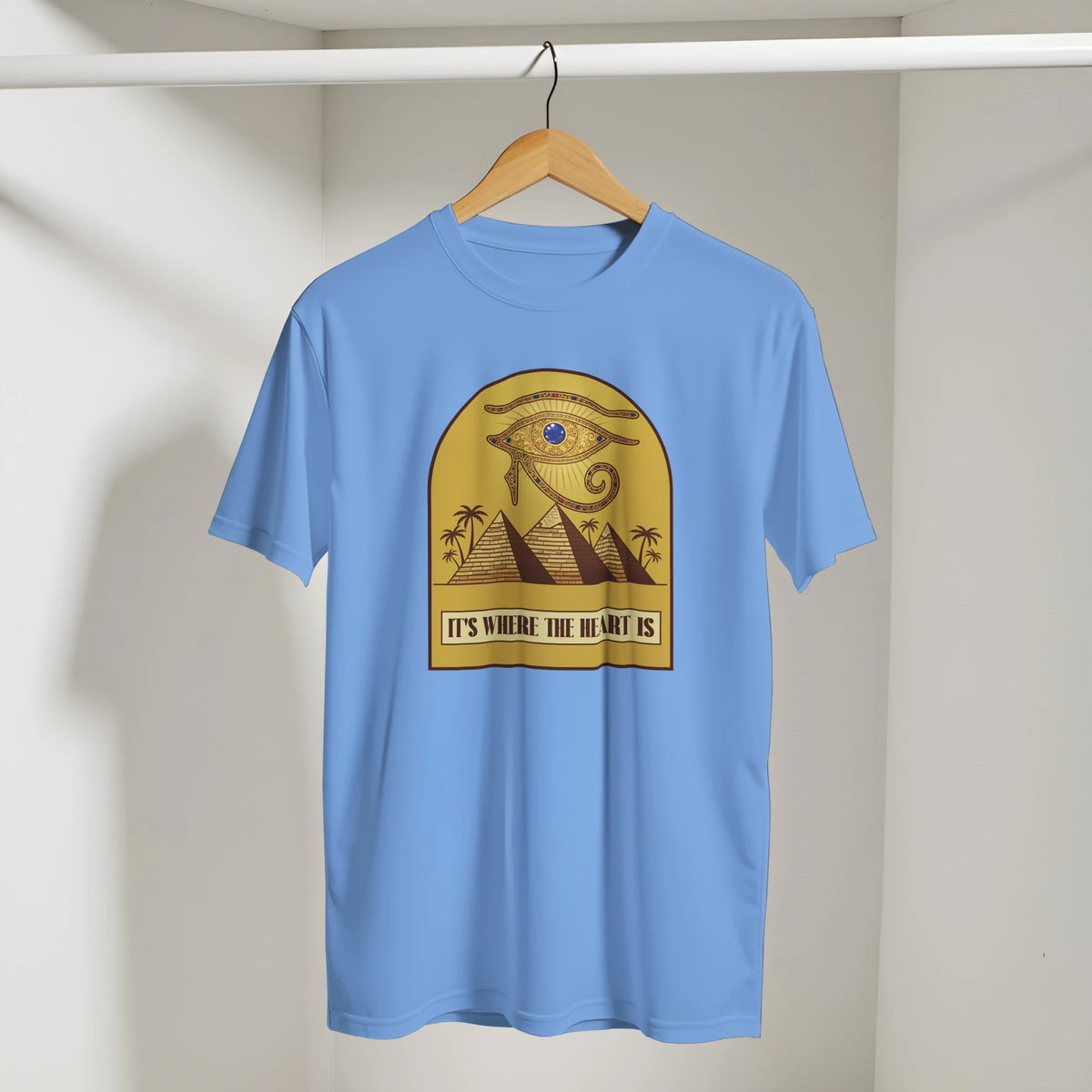 Eye of Horus Egypt Pyramids Sunset Arabic Tee in Carolina Blue, Arabic graphic design by Cairo NYC