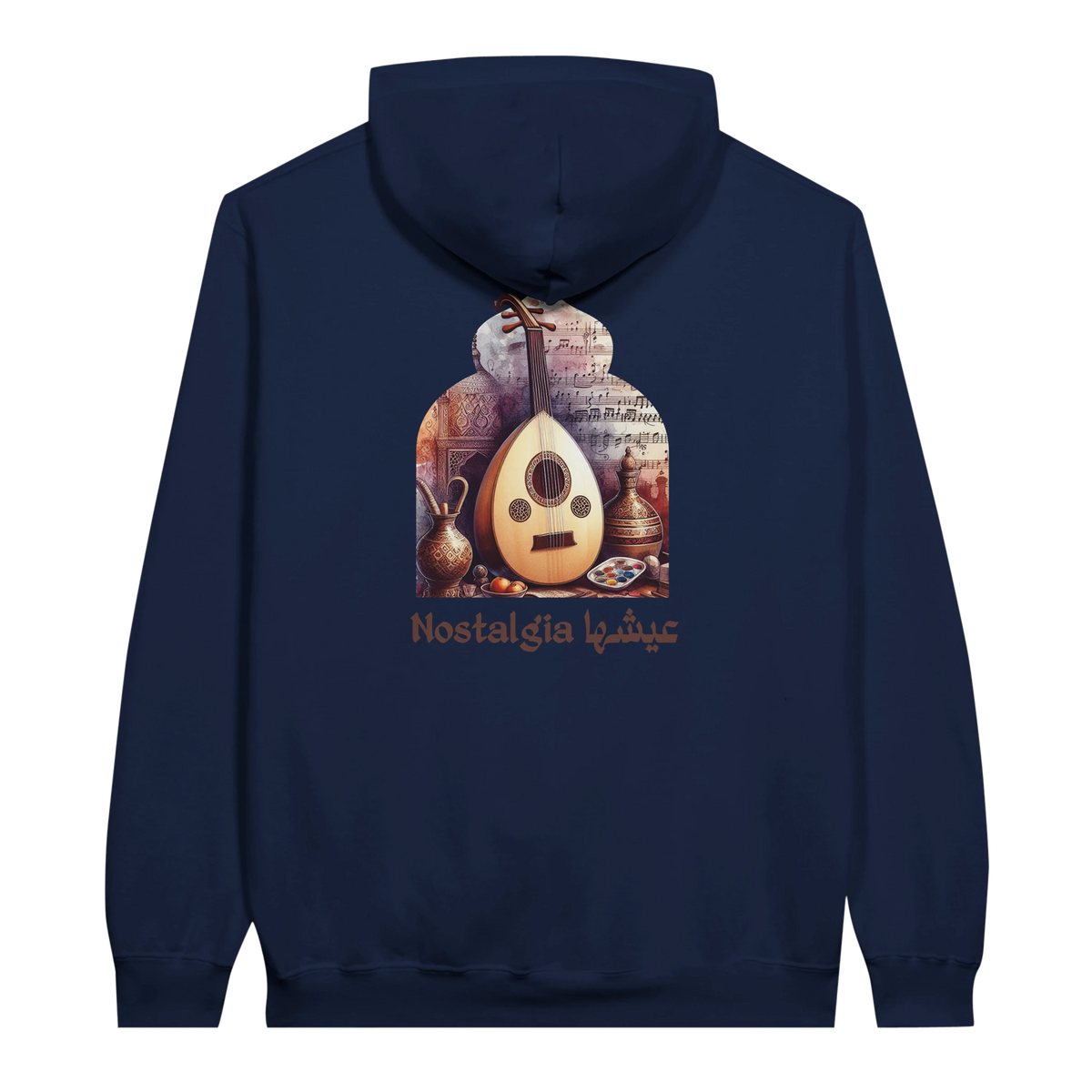 Nostalgic Oud Serenade Hoodie in Navy, Arabic graphic design by Cairo NYC