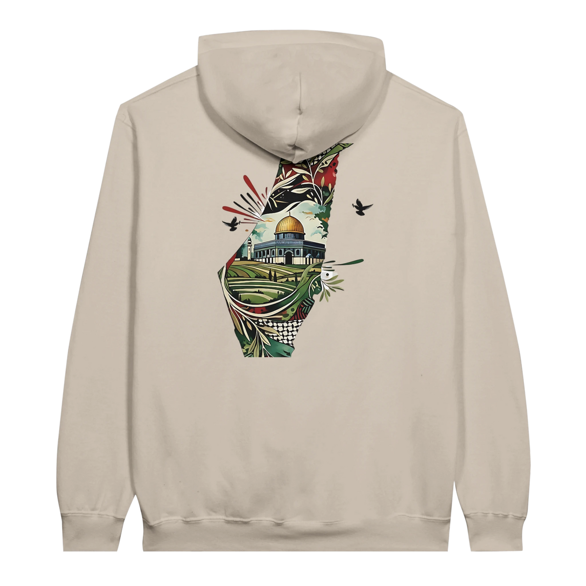 Vibrant Palestine Heritage Hoodie in Sand, Arabic graphic design by Cairo NYC