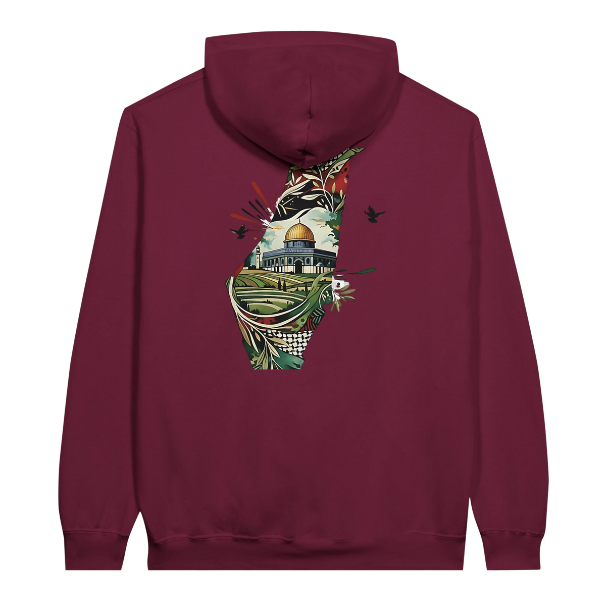 Vibrant Palestine Heritage Hoodie in Maroon, Arabic graphic design by Cairo NYC