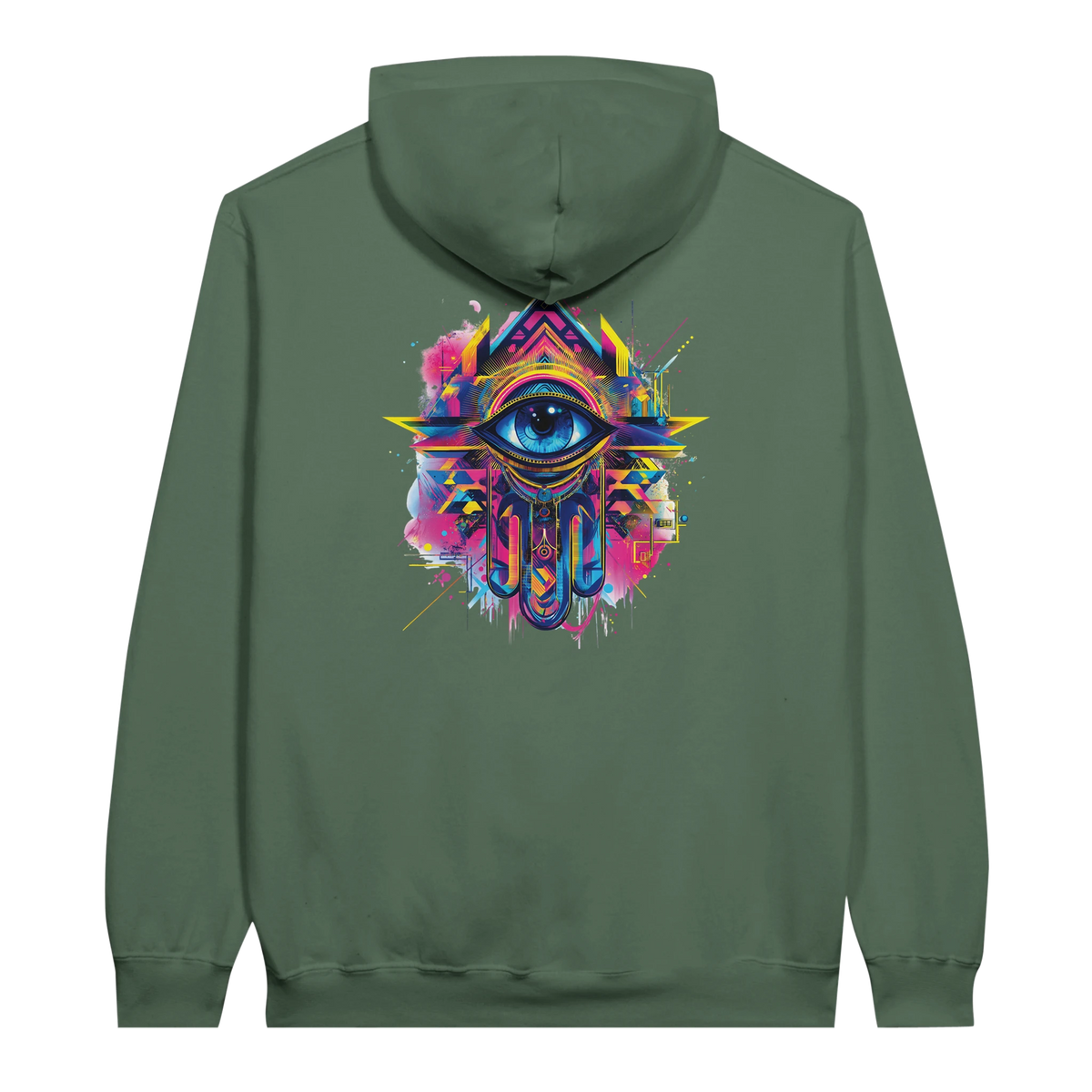 Modern Khamsa Protection Hoodie in Military Green, Arabic graphic design by Cairo NYC