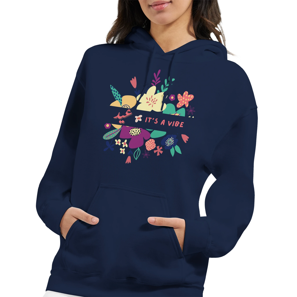 It's a Vibe Floral Arabic Hoodie in Navy, Arabic graphic design by Cairo NYC