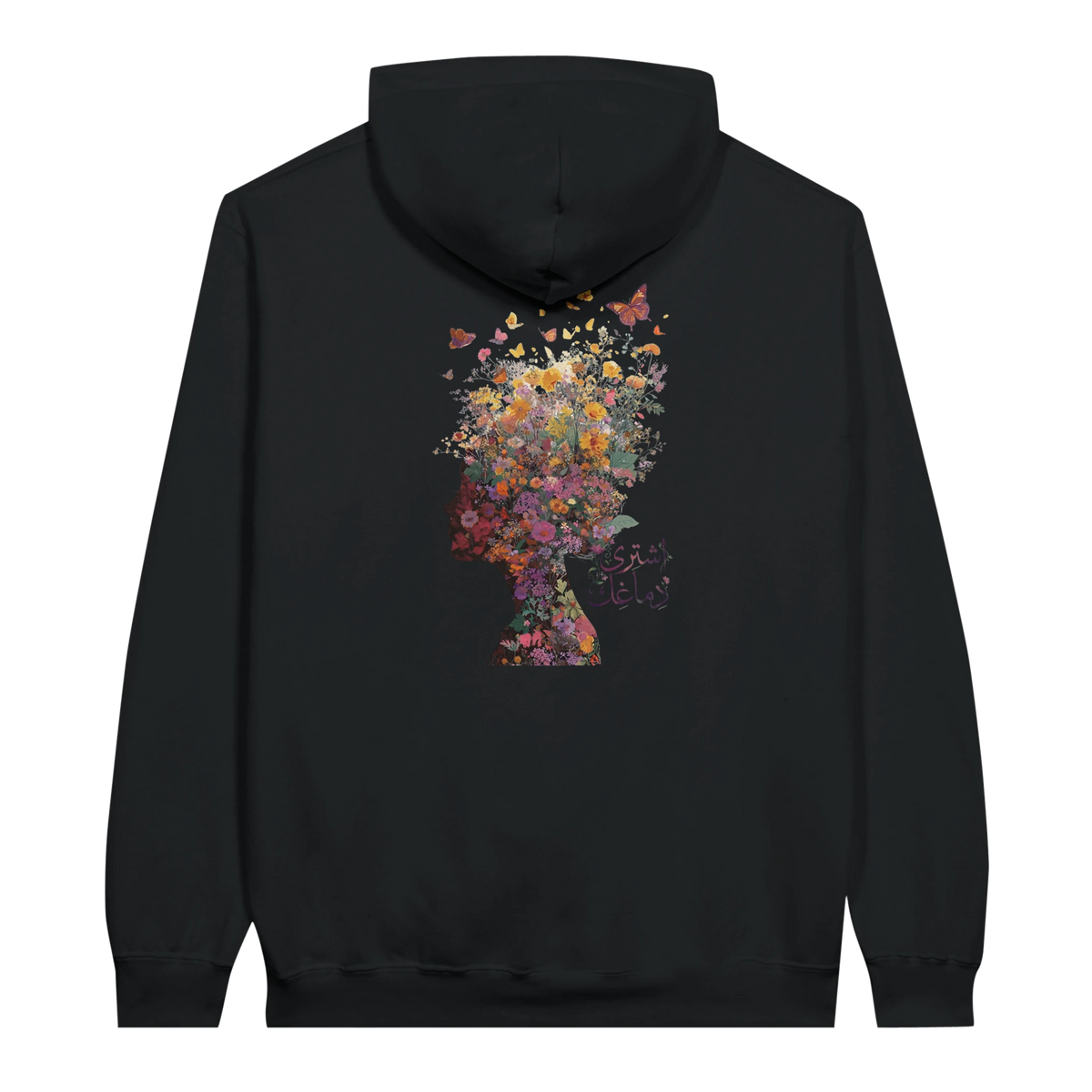 Floral Fantasy Head Profile Hoodie in Black, Arabic graphic design by Cairo NYC