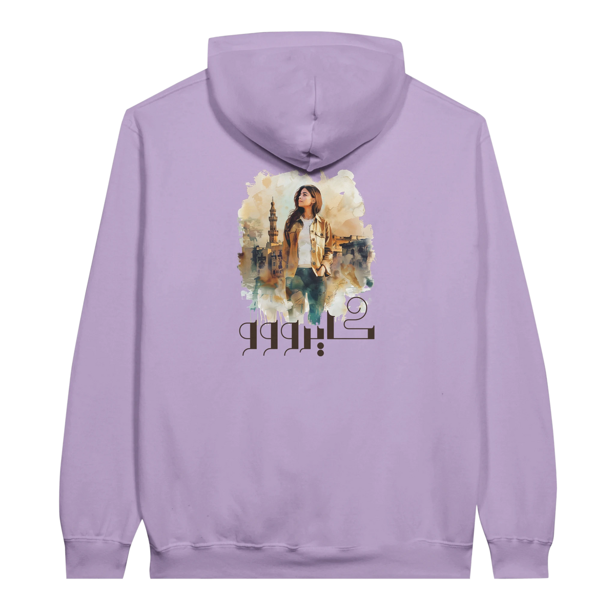 Modern Cairo Urban Mystique Hoodie in Watercolor Hues in Orchid, Arabic graphic design by Cairo NYC