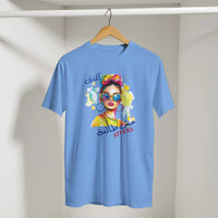 Chill Vibes Pop Art Arabic Tee in Carolina Blue, Arabic graphic design by Cairo NYC
