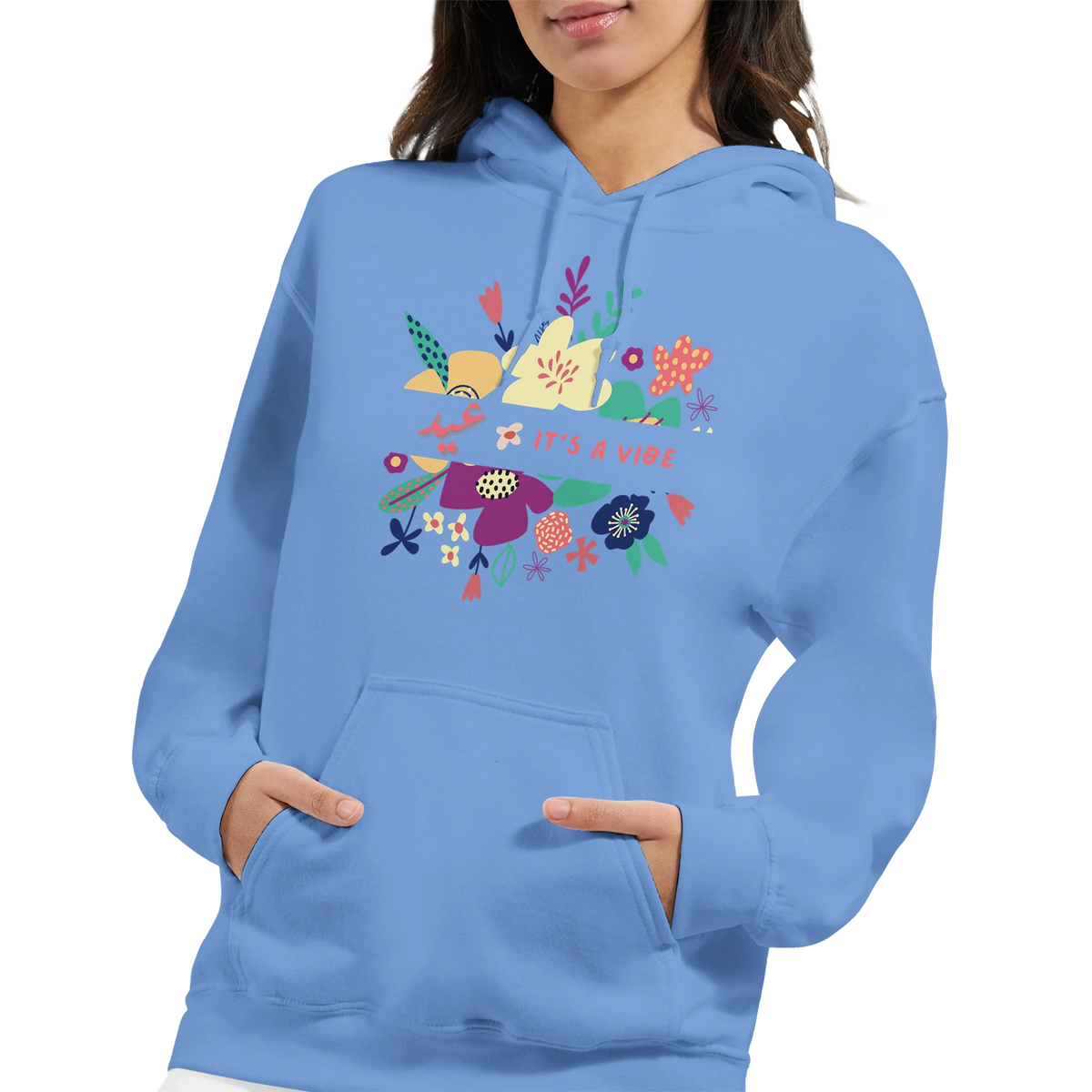 It's a Vibe Floral Arabic Hoodie in Carolina Blue, Arabic graphic design by Cairo NYC