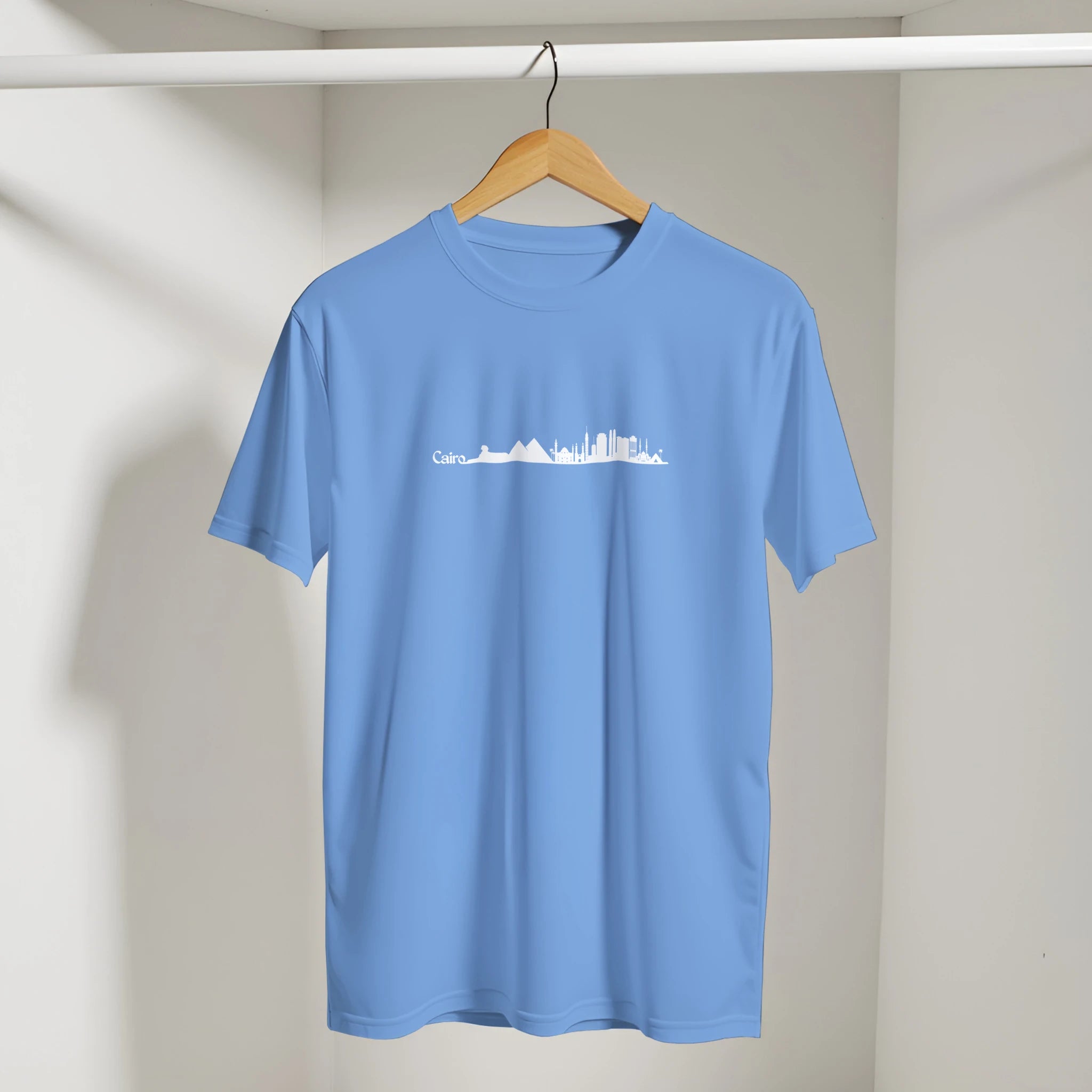 Cairo Cityscape Retro Arabic Tee in Carolina Blue, Arabic graphic design by Cairo NYC