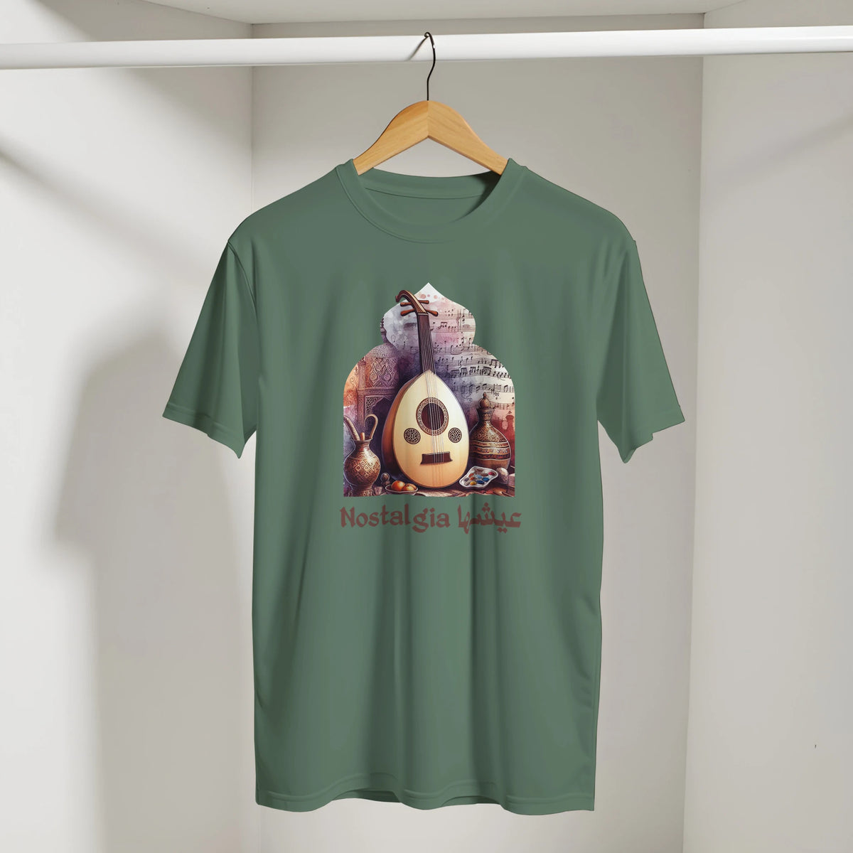 Arabic Oud Nostalgia Retro Tee in Military Green, Arabic graphic design by Cairo NYC