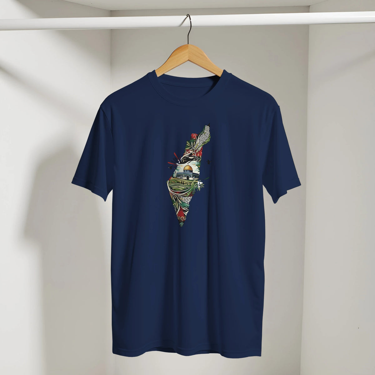 Palestine Dome Olive Branches Keffiyeh Tee in Navy, Arabic graphic design by Cairo NYC