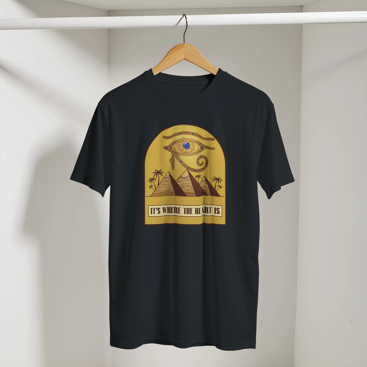 Eye of Horus Egypt Pyramids Sunset Arabic Tee in Black, Arabic graphic design by Cairo NYC