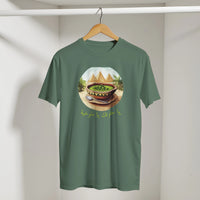 Molokhia Pyramids & Palm Trees Arabic Tee in Military Green, Arabic graphic design by Cairo NYC