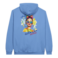 Vibrant 'Chill, No Stress' Pop Art Arabic Hoodie in Carolina Blue, Arabic graphic design by Cairo NYC