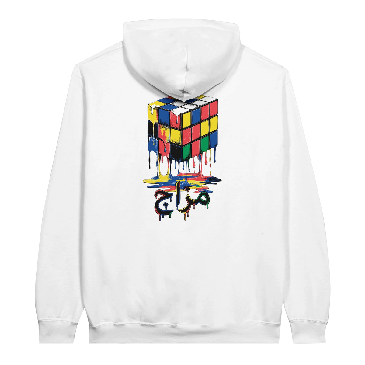 Melting Rubik's Cube Art Hoodie in White, Arabic graphic design by Cairo NYC