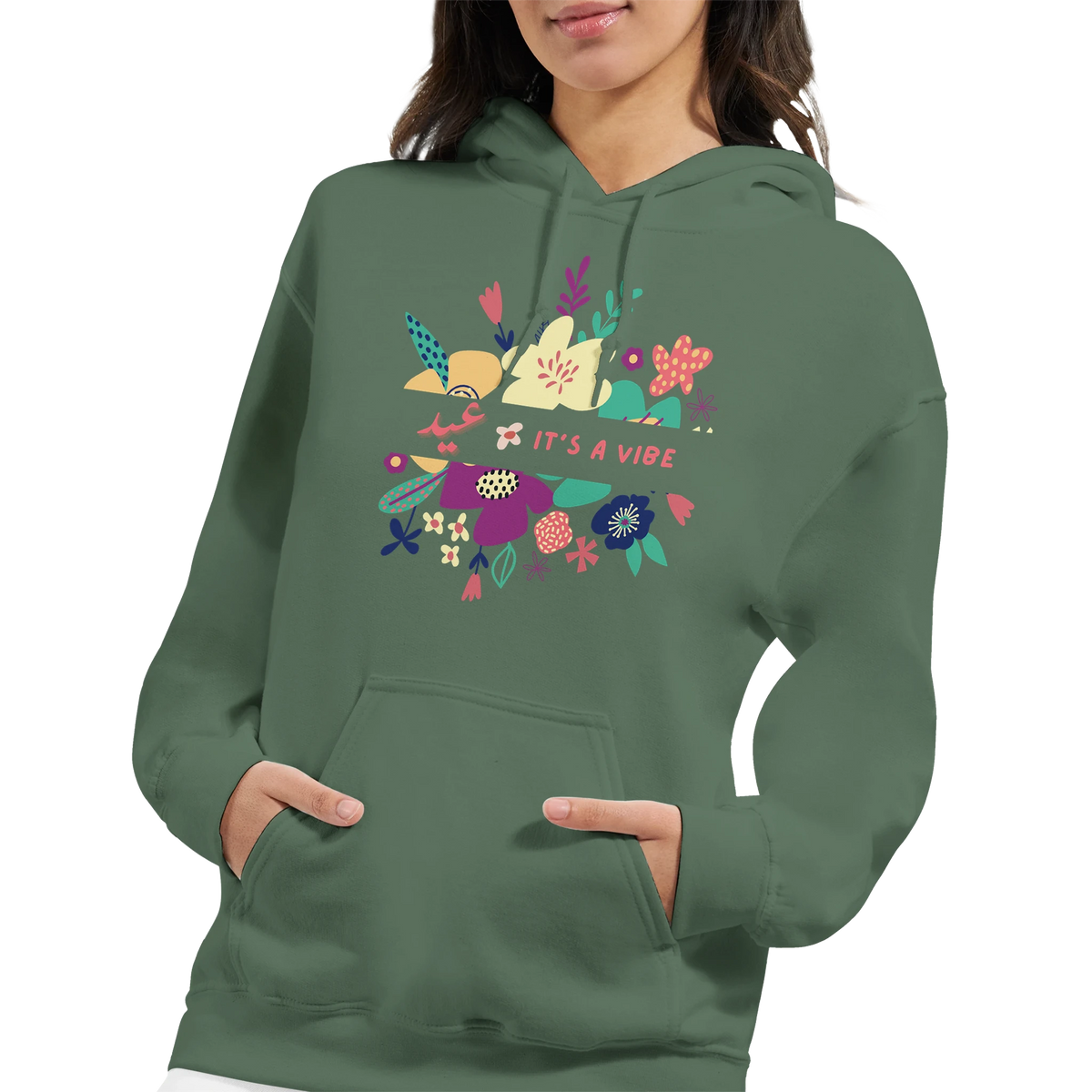 It's a Vibe Floral Arabic Hoodie in Military Green, Arabic graphic design by Cairo NYC