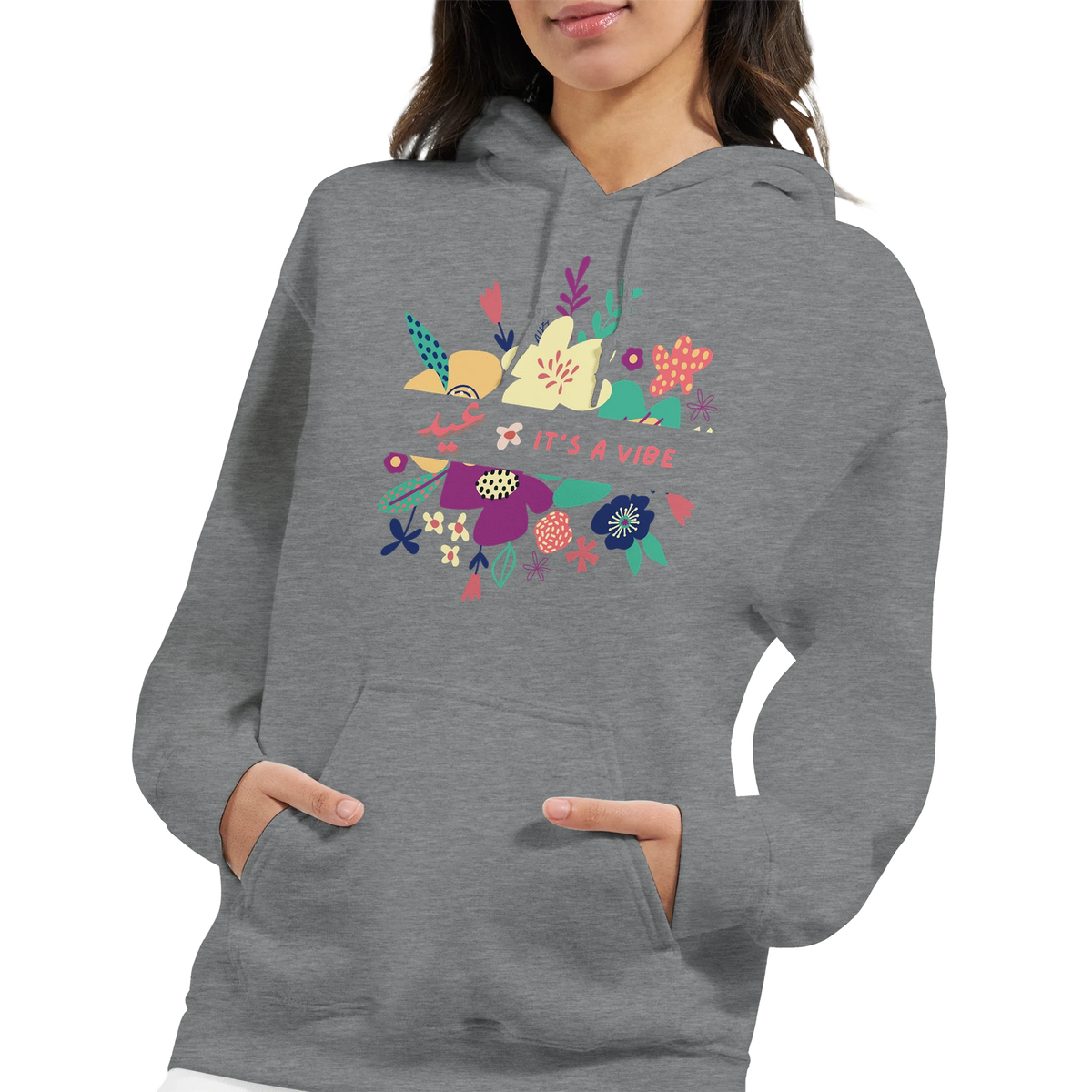 It's a Vibe Floral Arabic Hoodie in Sport Grey, Arabic graphic design by Cairo NYC