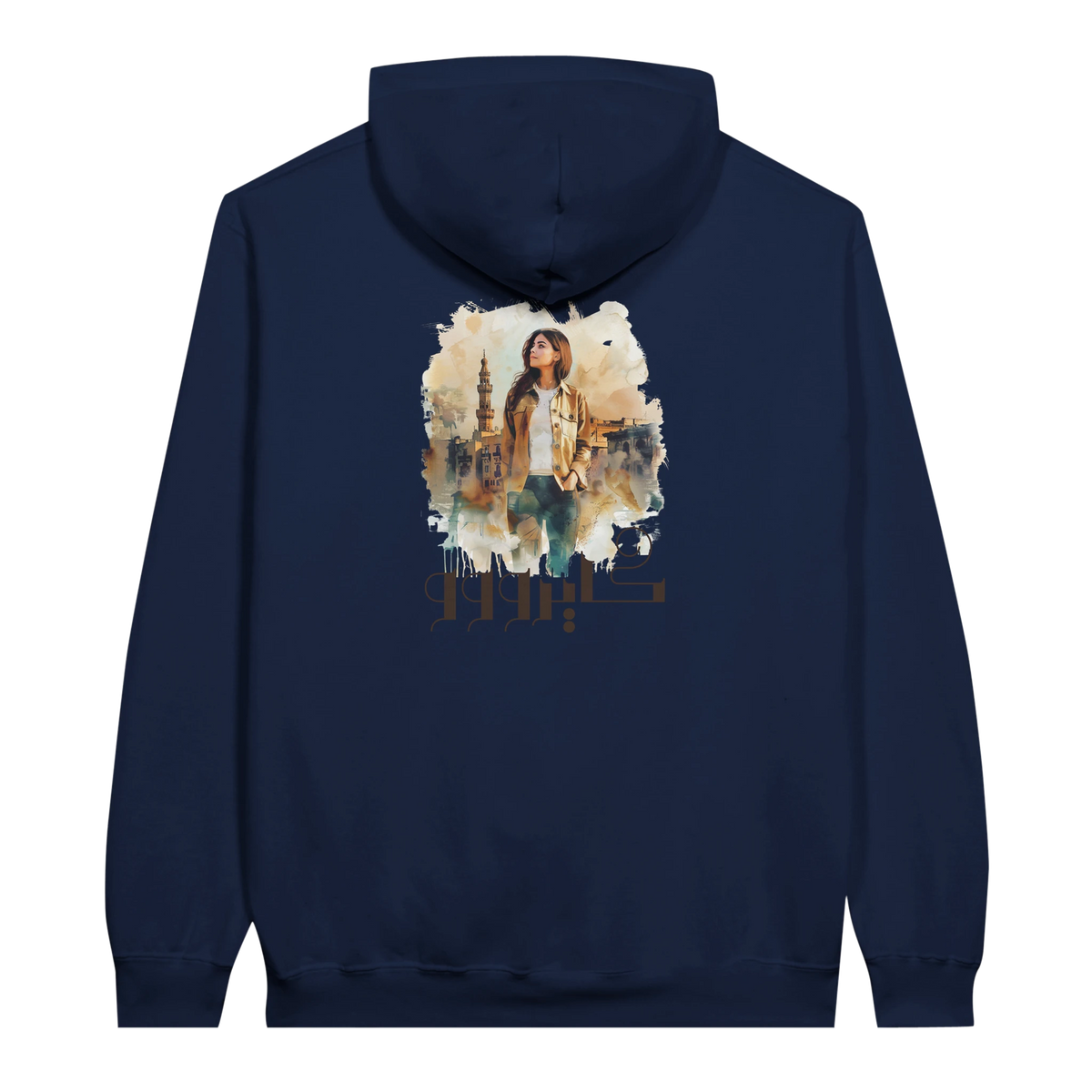 Modern Cairo Urban Mystique Hoodie in Watercolor Hues in Navy, Arabic graphic design by Cairo NYC