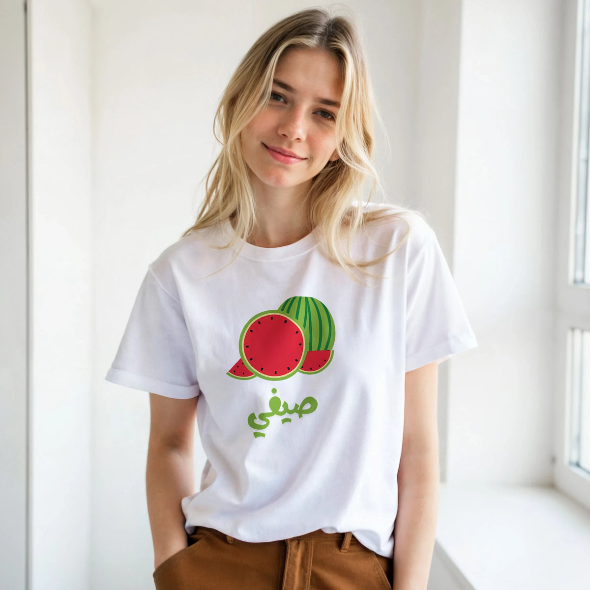 Watermelon Summer Vibes Arabic Tee, Arabic graphic design by Cairo NYC (view 4)