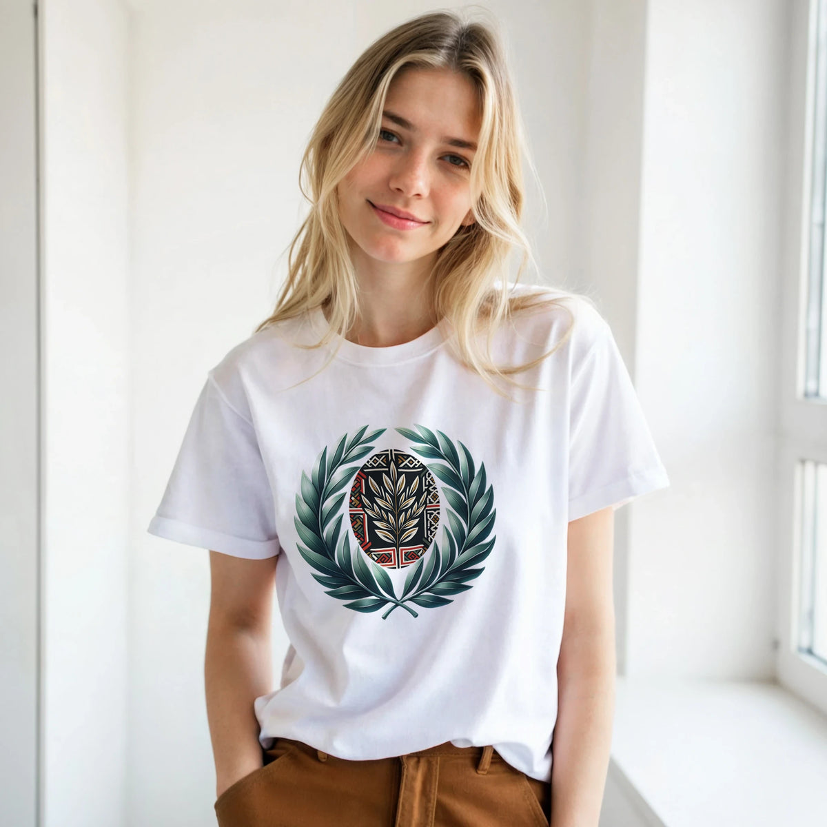 Sunset Geometric Olive Branch Arabic Tee, Arabic graphic design by Cairo NYC (view 17)