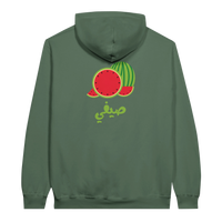 Vibrant Watermelon Summer Arabic Script Hoodie in Military Green, Arabic graphic design by Cairo NYC