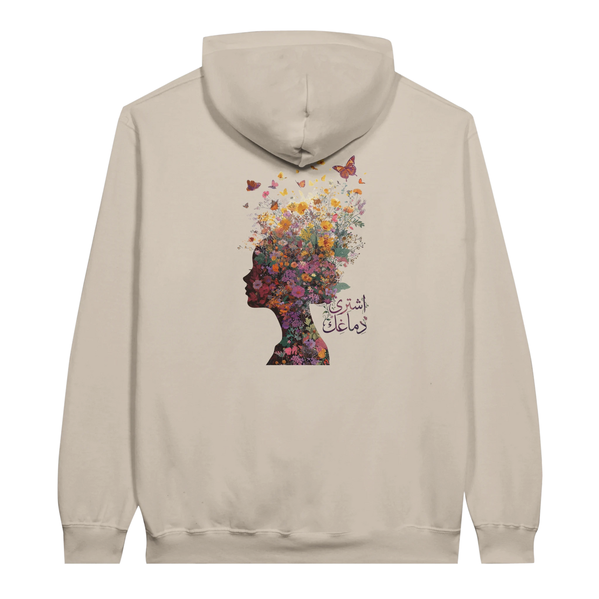 Floral Fantasy Head Profile Hoodie in Sand, Arabic graphic design by Cairo NYC