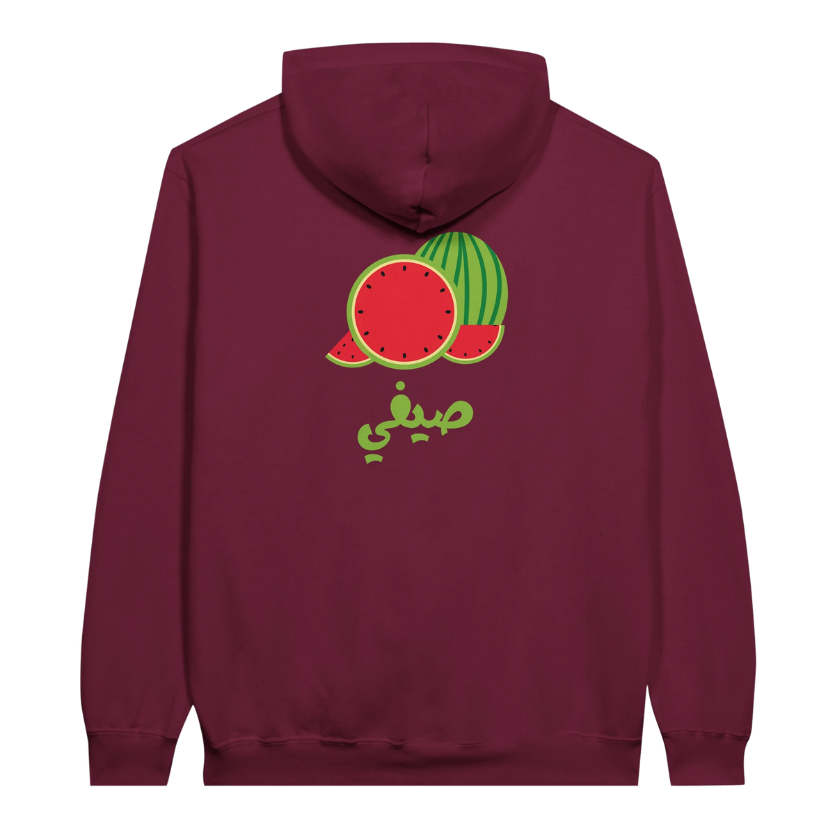 Vibrant Watermelon Summer Arabic Script Hoodie in Maroon, Arabic graphic design by Cairo NYC