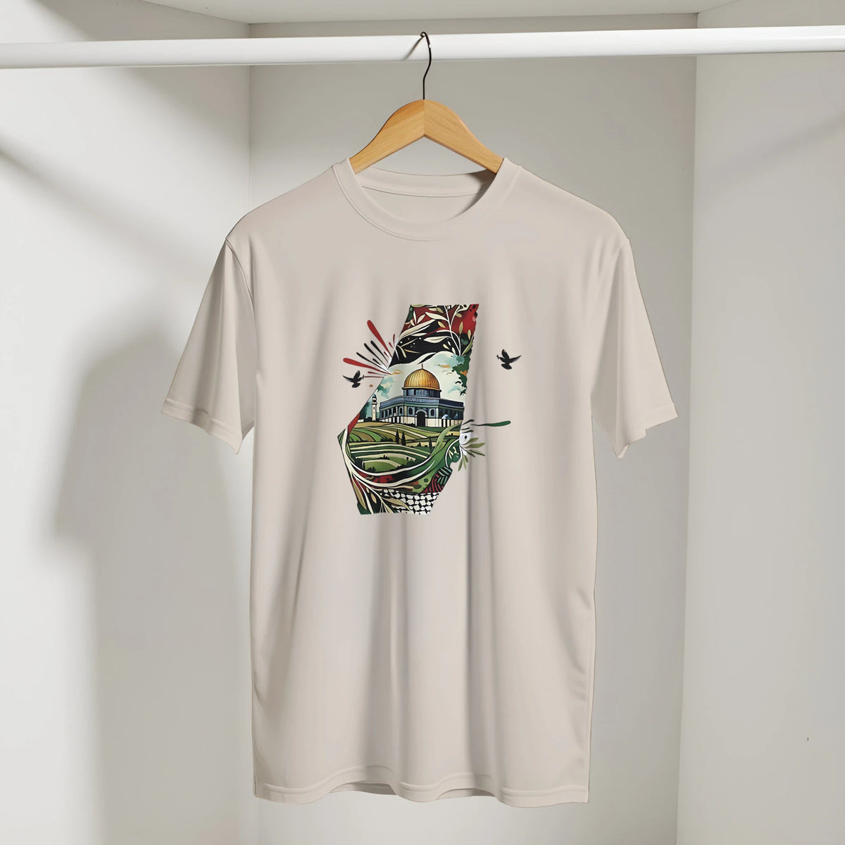 Palestine Dome Olive Branches Keffiyeh Tee, Arabic graphic design by Cairo NYC (view 14)