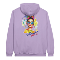 Vibrant 'Chill, No Stress' Pop Art Arabic Hoodie in Orchid, Arabic graphic design by Cairo NYC