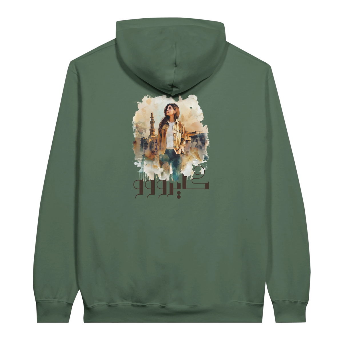 Modern Cairo Urban Mystique Hoodie in Watercolor Hues in Military Green, Arabic graphic design by Cairo NYC