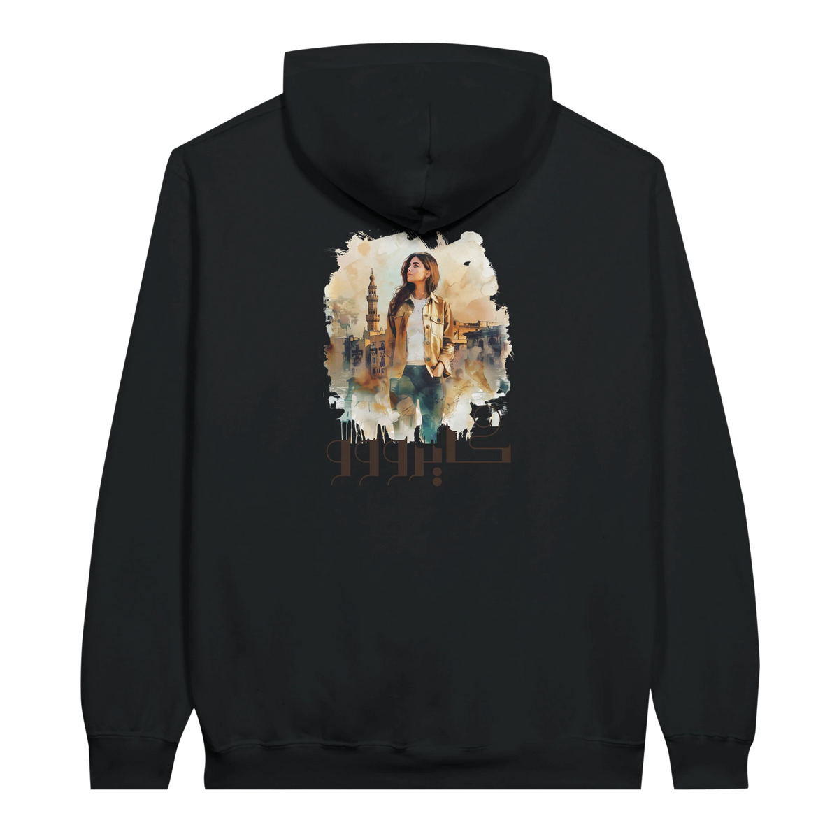 Modern Cairo Urban Mystique Hoodie in Watercolor Hues in Black, Arabic graphic design by Cairo NYC