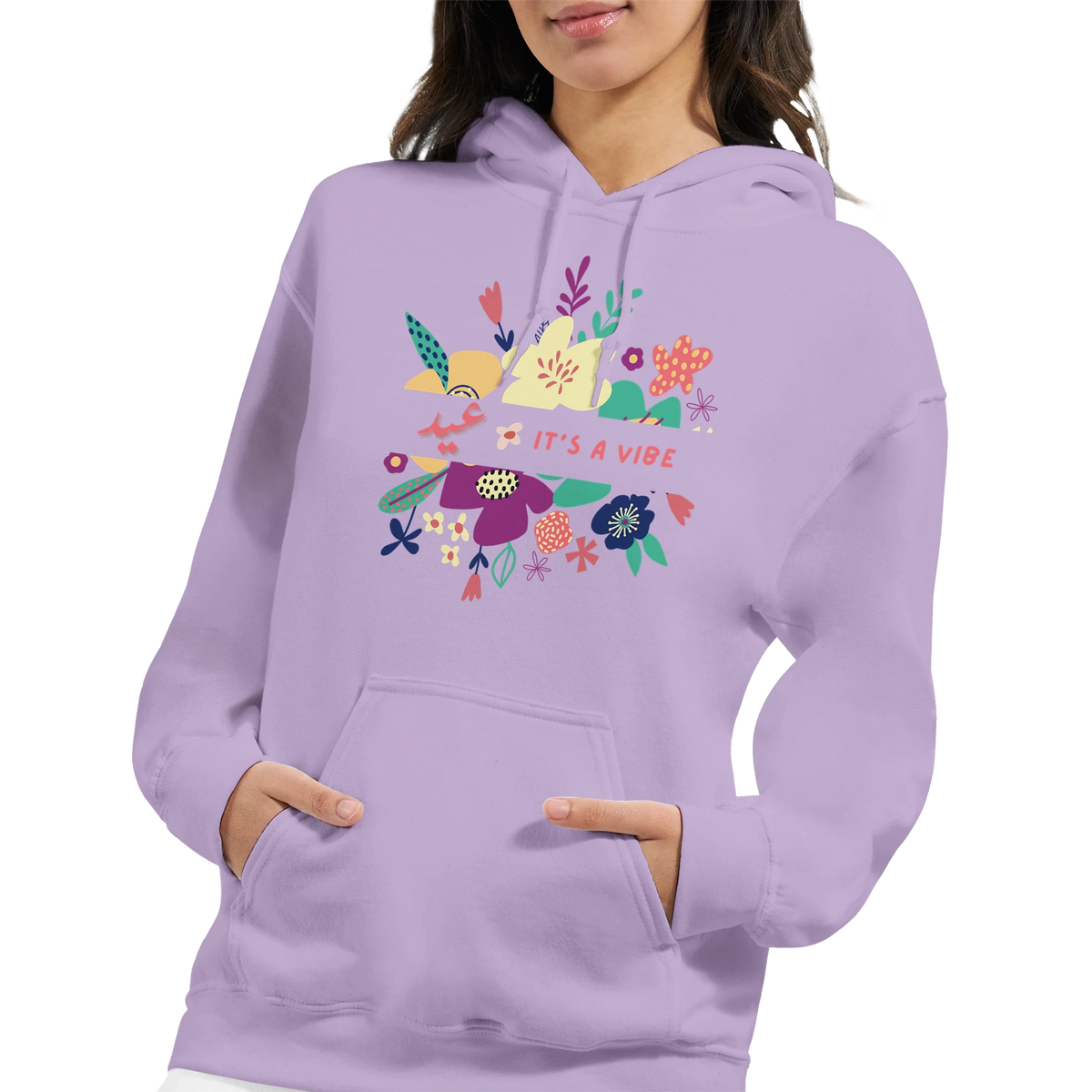 It's a Vibe Floral Arabic Hoodie in Orchid, Arabic graphic design by Cairo NYC