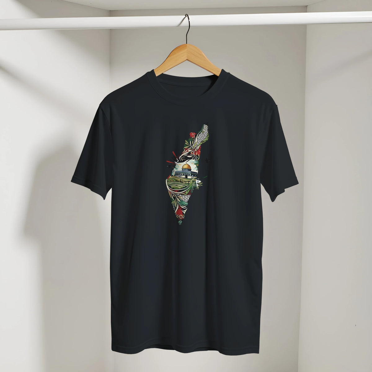 Palestine Dome Olive Branches Keffiyeh Tee in Black, Arabic graphic design by Cairo NYC