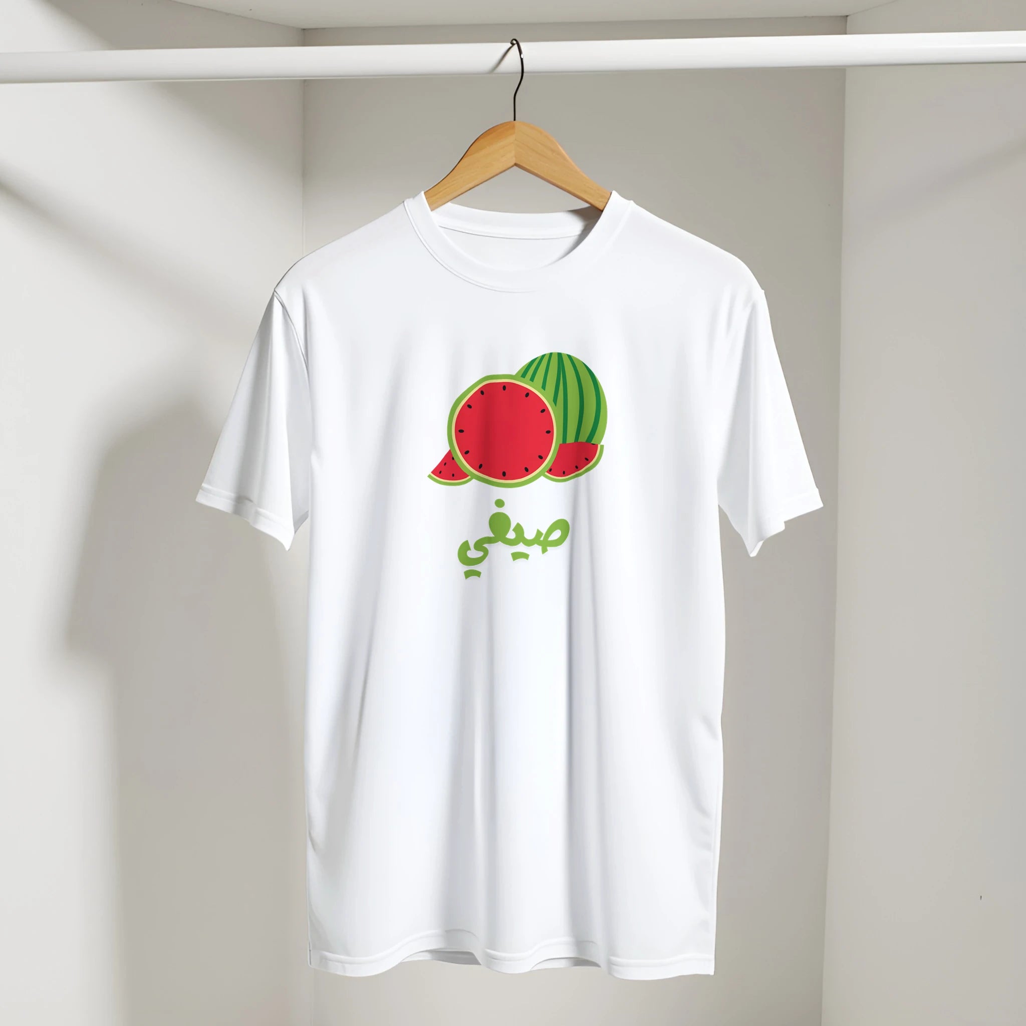 Watermelon Summer Vibes Arabic Tee in White, Arabic graphic design by Cairo NYC
