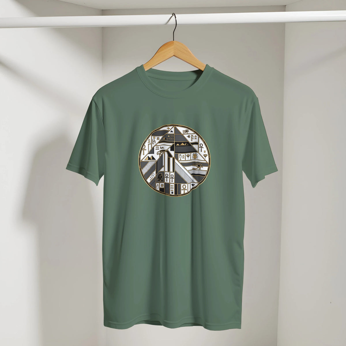 Geometric Egyptian Art Deco Arabic Tee in Military Green, Arabic graphic design by Cairo NYC