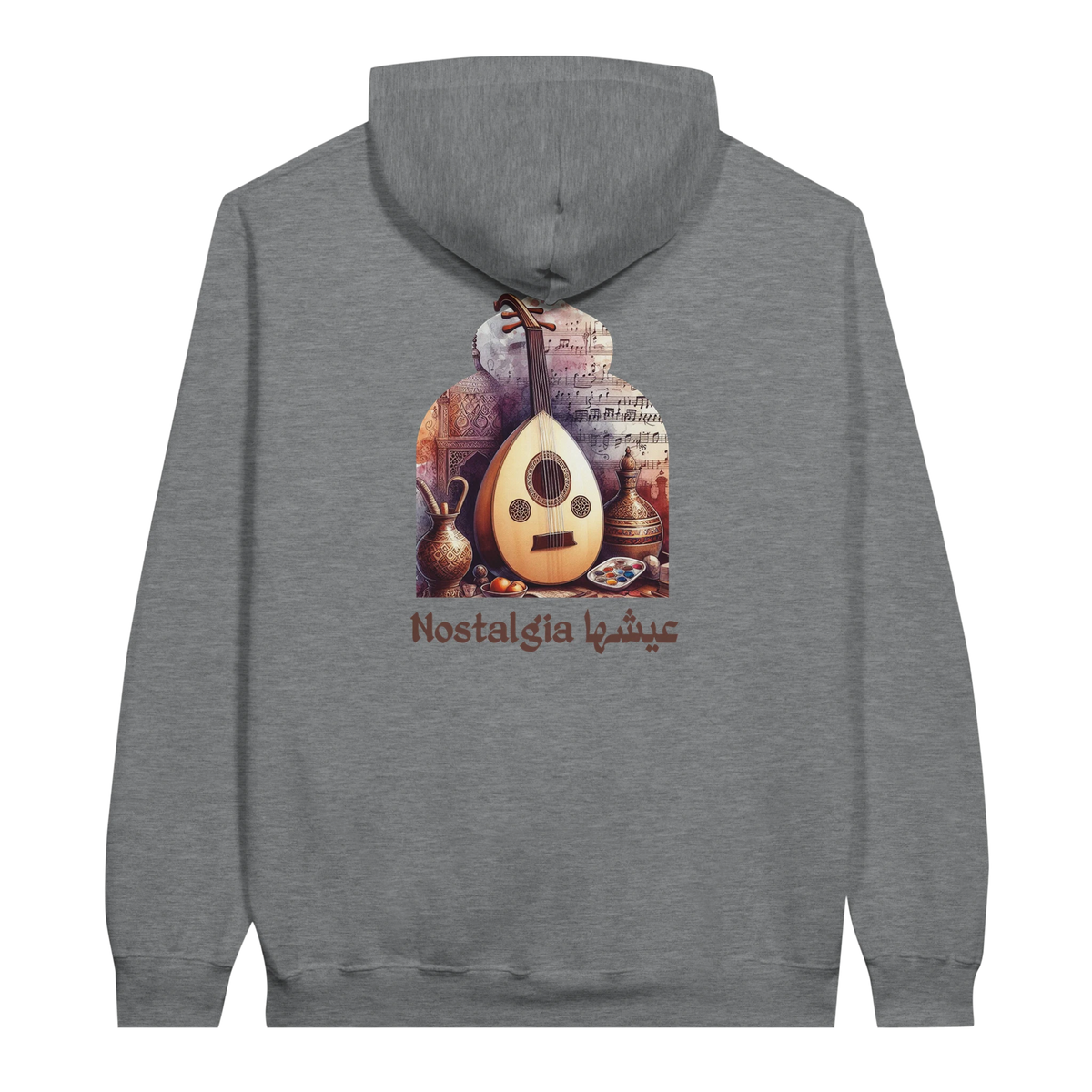 Nostalgic Oud Serenade Hoodie in Sport Grey, Arabic graphic design by Cairo NYC