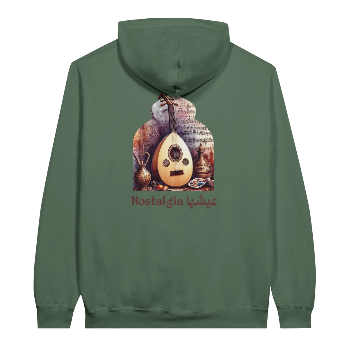 Nostalgic Oud Serenade Hoodie in Military Green, Arabic graphic design by Cairo NYC