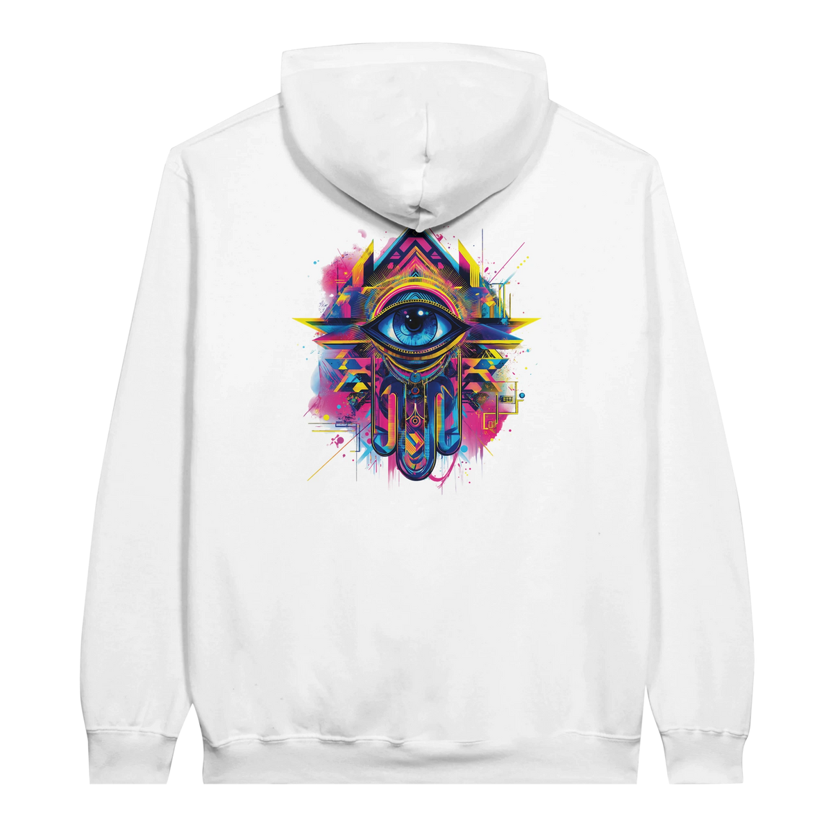 Modern Khamsa Protection Hoodie in White, Arabic graphic design by Cairo NYC