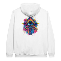 Modern Khamsa Protection Hoodie in White, Arabic graphic design by Cairo NYC