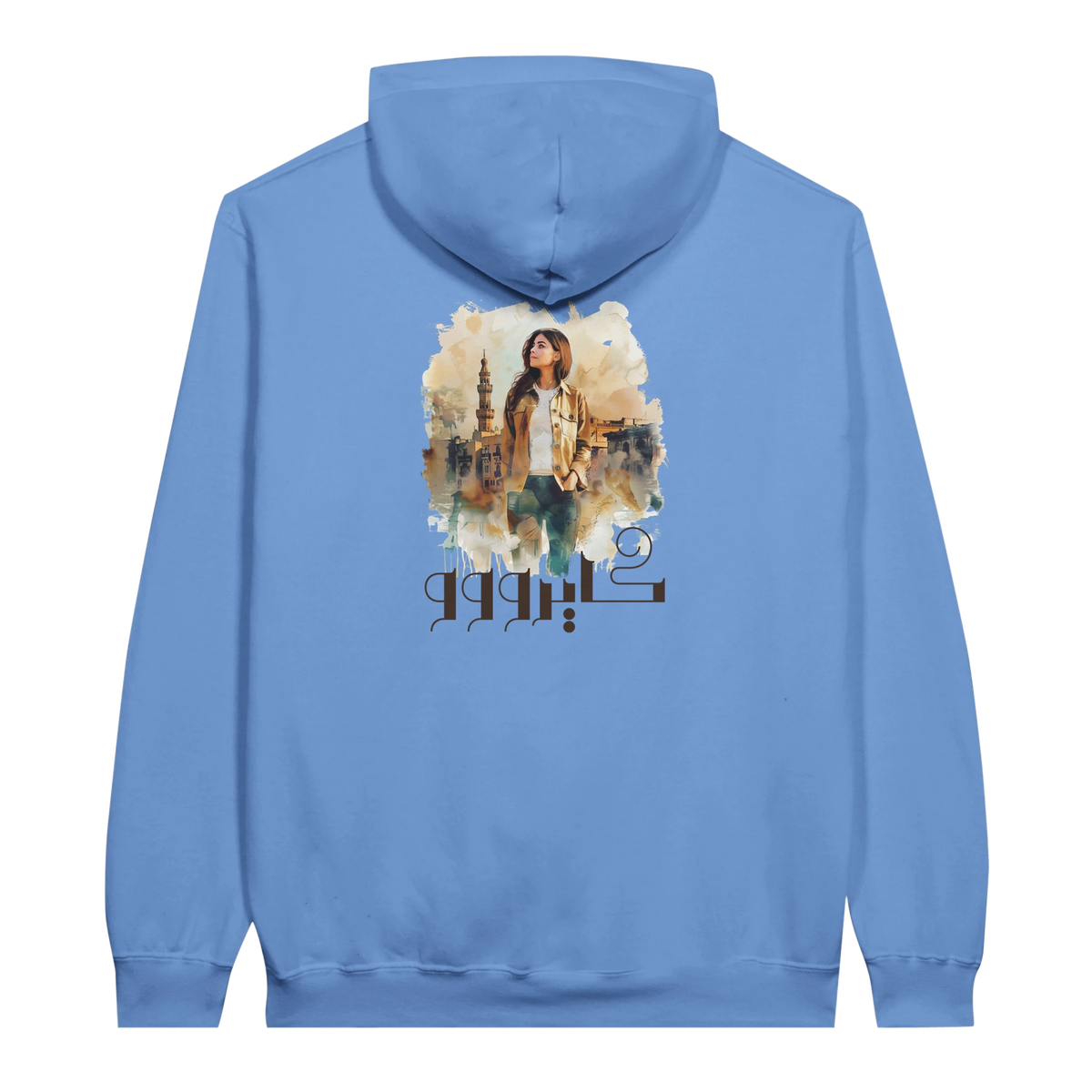 Modern Cairo Urban Mystique Hoodie in Watercolor Hues in Carolina Blue, Arabic graphic design by Cairo NYC