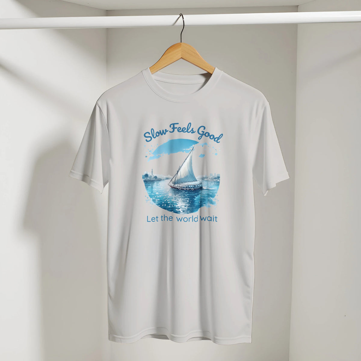 Slow Feels Good Mindfulness Tee in Ice Grey, Arabic graphic design by Cairo NYC