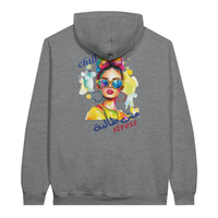 Vibrant 'Chill, No Stress' Pop Art Arabic Hoodie in Sport Grey, Arabic graphic design by Cairo NYC